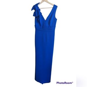 Royal blue v neck gown with bow detail